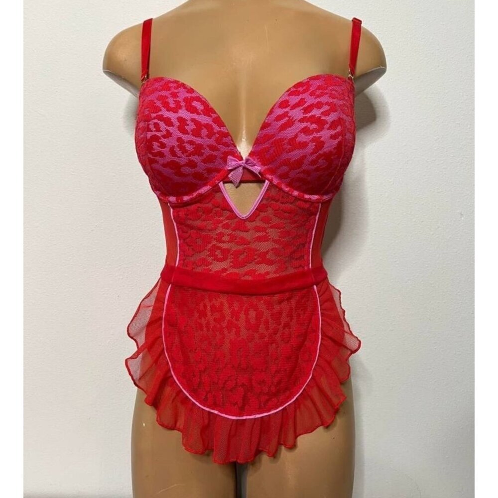 Victoria’s Secret Red Leopard Mesh Apron Lingerie Size 34B